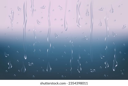 Rain transparent drops flow down the glass.Realistic wet condensation texture.Fresh water splash effect on the surface.Liquid spreading droplet shapes.