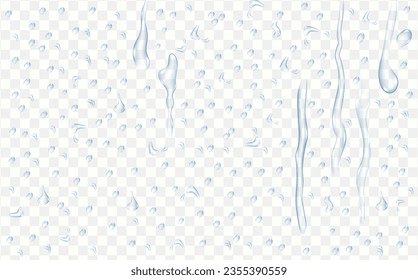 Rain transparent drops flow down the glass.Realistic wet condensation texture.Fresh water splash effect on the surface.Liquid spreading droplet shapes.