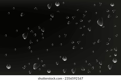 Las gotas transparentes de lluvia fluyen por el vidrio. Textura de condensación húmeda realista. Efecto de salpicadura de agua dulce en la superficie.Formas de gota de esparcido líquido.