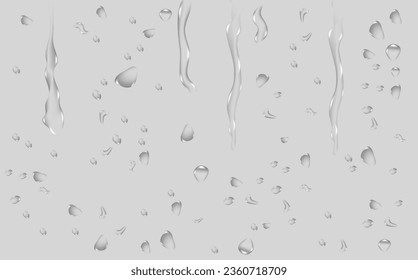 Rain transparent drops flow down the glass.Realistic wet condensation texture.Fresh water splash effect on the surface.Liquid spreading droplet shapes.