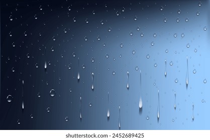 Rain transparent drops flow down the glass.Realistic wet condensation texture.Fresh water splash effect on the surface.Liquid spreading droplet shapes.