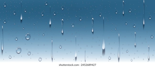 Lluvia gotas transparentes fluyen por el vidrio.Textura de condensación húmeda realista.Efecto de salpicadura de agua dulce en la superficie.Formas de gotitas de difusión líquida.