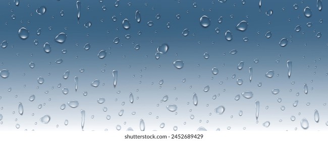 Regentransparente Tropfen fließen das Glas hinunter.Realistische nasse Kondensationstextur.Frischwasserspritzer-Effekt auf der Oberfläche.Liquid Streuung Tropfen Formen.