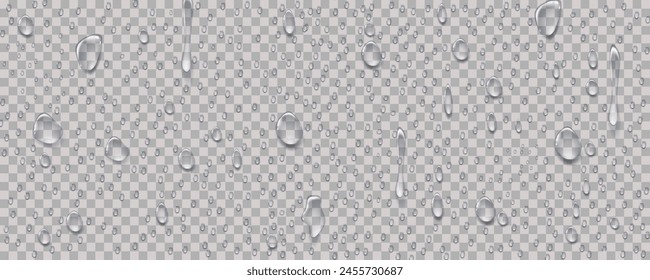 Lluvia gotas transparentes fluyen por el vidrio.Textura de condensación húmeda realista.Efecto de salpicadura de agua dulce en la superficie.Formas de gotitas de difusión líquida.