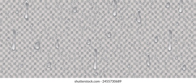 Rain transparent drops flow down the glass.Realistic wet condensation texture.Fresh water splash effect on the surface.Liquid spreading droplet shapes.