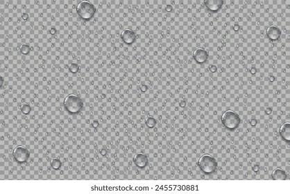 Rain transparent drops flow down the glass.Realistic wet condensation texture.Fresh water splash effect on the surface.Liquid spreading droplet shapes.