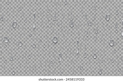 Rain transparent drops flow down the glass.Realistic wet condensation texture.Fresh water splash effect on the surface.Liquid spreading droplet shapes.