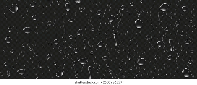 Rain transparent drops flow down the glass.Realistic wet condensation texture.Fresh water splash effect on the surface.Liquid spreading droplet shapes.