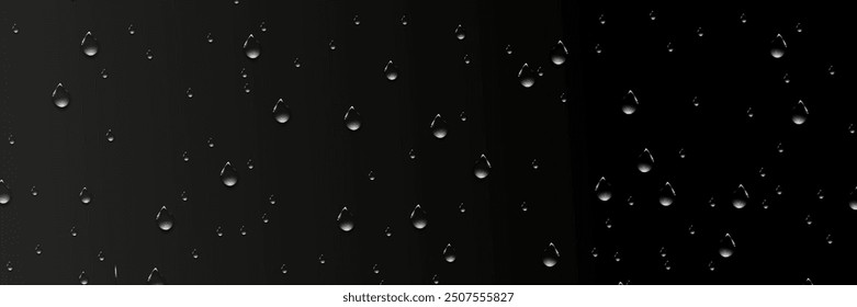 Rain transparent drops flow down the glass.Realistic wet condensation texture.Fresh water splash effect on the surface.Liquid spreading droplet shapes.