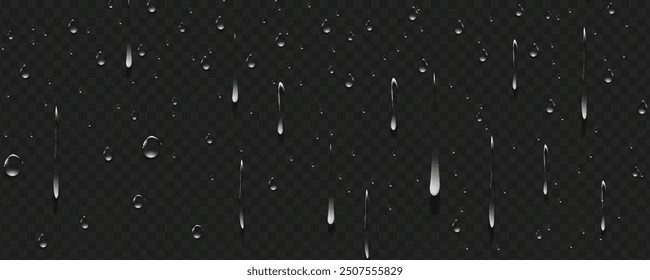 Rain transparent drops flow down the glass.Realistic wet condensation texture.Fresh water splash effect on the surface.Liquid spreading droplet shapes.