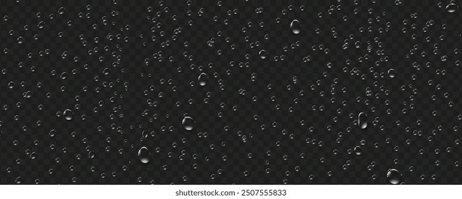 Rain transparent drops flow down the glass.Realistic wet condensation texture.Fresh water splash effect on the surface.Liquid spreading droplet shapes.