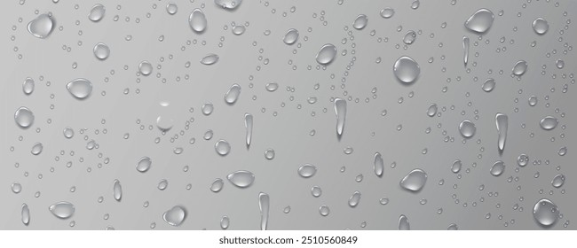 As gotas transparentes da chuva fluem para baixo o texture.Realistic da condensação úmida.Efeito do splash da água doce na superfície.Formas da gota de espalhamento líquido.