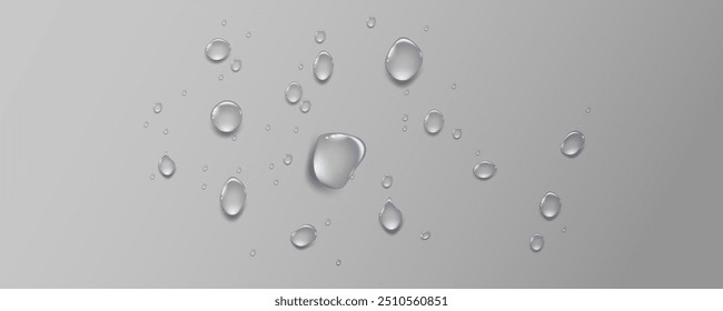 Rain transparent drops flow down the glass.Realistic wet condensation texture.Fresh water splash effect on the surface.Liquid spreading droplet shapes.