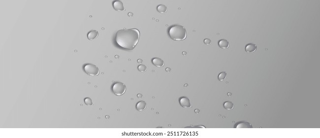 Rain transparent drops flow down the glass.Realistic wet condensation texture.Fresh water splash effect on the surface.Liquid spreading droplet shapes.
