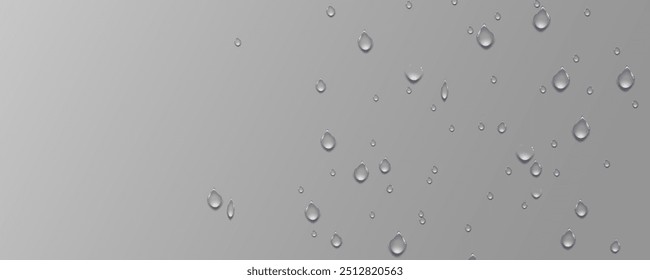 Rain transparent drops flow down the glass.Realistic wet condensation texture.Fresh water splash effect on the surface.Liquid spreading droplet shapes.