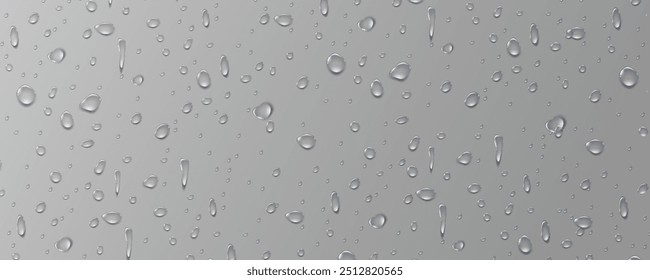 Rain transparent drops flow down the glass.Realistic wet condensation texture.Fresh water splash effect on the surface.Liquid spreading droplet shapes.