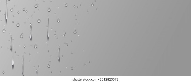 As gotas transparentes da chuva fluem para baixo o texture.Realistic da condensação úmida.Efeito do splash da água doce na superfície.Formas da gota de espalhamento líquido.