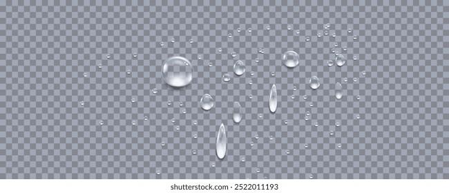 Rain transparent drops flow down the glass.Realistic wet condensation texture.Fresh water splash effect on the surface.Liquid spreading droplet shapes.