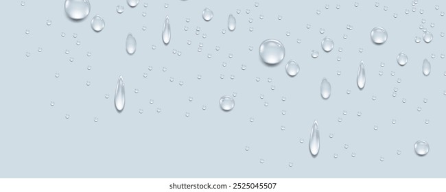 Rain transparent drops flow down the glass.Realistic wet condensation texture.Fresh water splash effect on the surface.Liquid spreading droplet shapes.