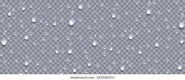 Rain transparent drops flow down the glass.Realistic wet condensation texture.Fresh water splash effect on the surface.Liquid spreading droplet shapes.