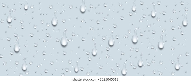 Las gotas transparentes de lluvia fluyen por el vidrio. Textura de condensación húmeda realista. Efecto de salpicadura de agua dulce en la superficie. Formas de gotas de propagación de líquidos.