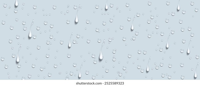 Rain transparent drops flow down the glass.Realistic wet condensation texture.Fresh water splash effect on the surface.Liquid spreading droplet shapes.