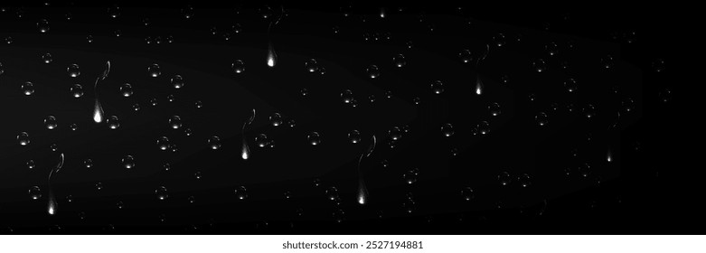 Rain transparent drops flow down the glass.Realistic wet condensation texture.Fresh water splash effect on the surface.Liquid spreading droplet shapes.
