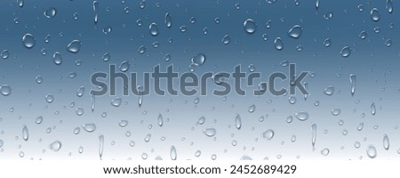 Rain transparent drops flow down the glass.Realistic wet condensation texture.Fresh water splash effect on the surface.Liquid spreading droplet shapes.