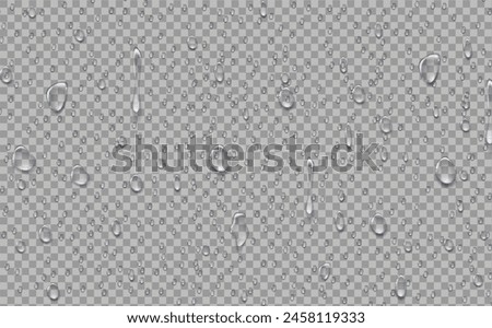 Rain transparent drops flow down the glass.Realistic wet condensation texture.Fresh water splash effect on the surface.Liquid spreading droplet shapes.