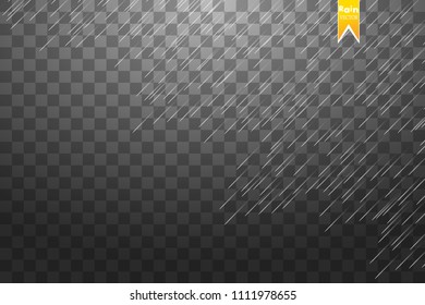 Rain transparent template background. Falling water drops texture. Nature rainfall on checkered background.