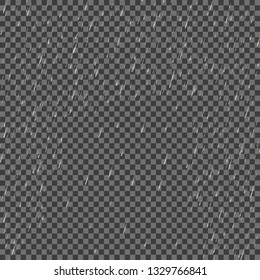 Rain transparent template background. Falling water drops texture. Nature rainfall on checkered background. EPS 10 vector file included