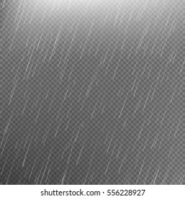 Rain transparent template background. Falling water drops texture. Nature rainfall on checkered background. EPS 10 vector file included