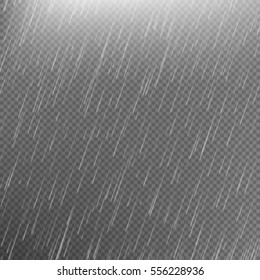 Rain transparent template background. Falling water drops texture. Nature rainfall on checkered background. EPS 10 vector file included