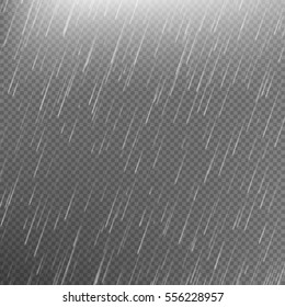 Rain transparent template background. Falling water drops texture. Nature rainfall on checkered background. EPS 10 vector file included