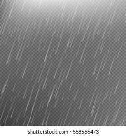 Rain transparent template background. Falling water drops texture. Nature rainfall on checkered background. EPS 10 vector file included