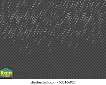 Rain transparent template background. Falling water drops texture. Nature rainfall on transparent background. EPS 10 vector file included