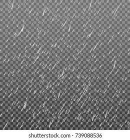 Rain transparent template background. Falling water drops texture. Nature rainfall on checkered background. EPS 10 vector file included