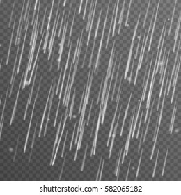 Rain Transparent Vector Background. Falling Water Drops. Nature Rainfall Backdrop. Water Drops.