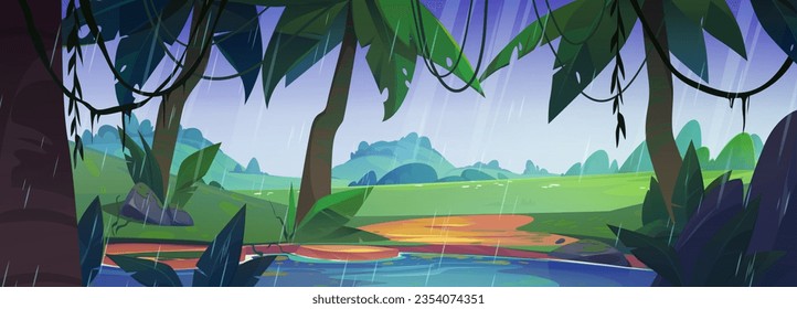 Rain in tropical forest with lake. Vector cartoon illustration of rainfall in jungle wood with exotic green plants, liana vines on tree branches above water, dull cloudy sky. Adventure game background