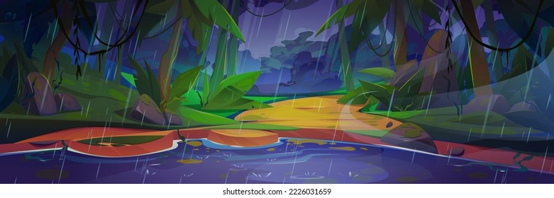 Rain in tropical jungle forest with lake. Summer rainforest landscape with river, path, plants, trees and lianas at rainy weather in evening, vector cartoon illustration