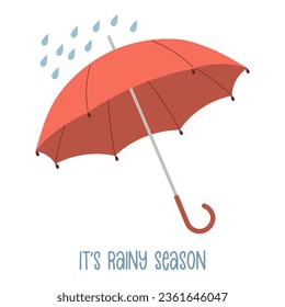 Rain umbrella and calligraphy. Autumn illustration in flat style. Vector
