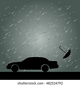 Lluvia, paraguas y auto. Ilustración vectorial.