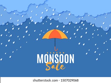 Rain umbrella and clouds in the paper cut style. Vector storm weather concept with falling water drops from the cloudy sky. Monsoon sale storm horizontal banner template.