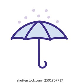 Rain umbrella icon. Water drop protection symbol. Raindrop sign. Rainy autumn symbol. Wet weather icon. Blue, flat color. Vector isolated sign.