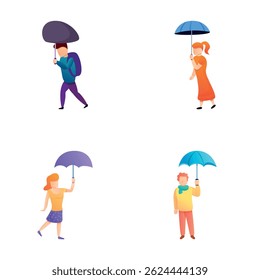 Rain umbrella icons set cartoon vector. Character under umbrella. Rainy season accessory