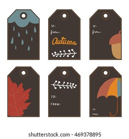 Rain and umbrella on black background. Set of Tags with autumn for Thanksgiving Day, autumn birthday presents and gifts. Collection tags, cute tags, Set tags, printable tags, hand drawn tags