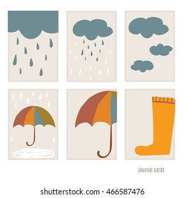 Rain, umbrella, rubber boots. Set of cards for baby shower. Autumn. Decor for invitations, journal cards, greeting cards, posters, blogging. Children's illustration.