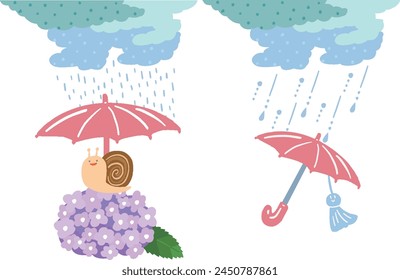 Rain and umbrella snail and hydrangea teru teru shaved illustration set