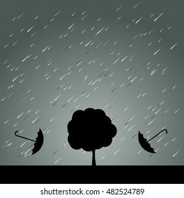 Rain, Umbrella and Tree. Vector Illustration.