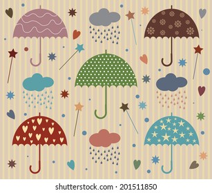 Rain Umbrella Vector with Star and Heart 